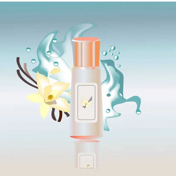 Elegantes Shampoo-Glas mit Zimt, Sternanis und Wasserwirkung. Handgezeichnete Vektor-Ad-Illustration — Stockvektor