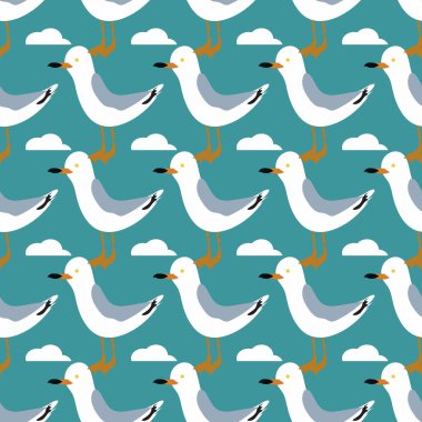 Martılar ile güzel desen vektör. Sea Gull, güzel bir kuş. Şirin kuş çizgi film tarzı. Deniz seamless modeli.