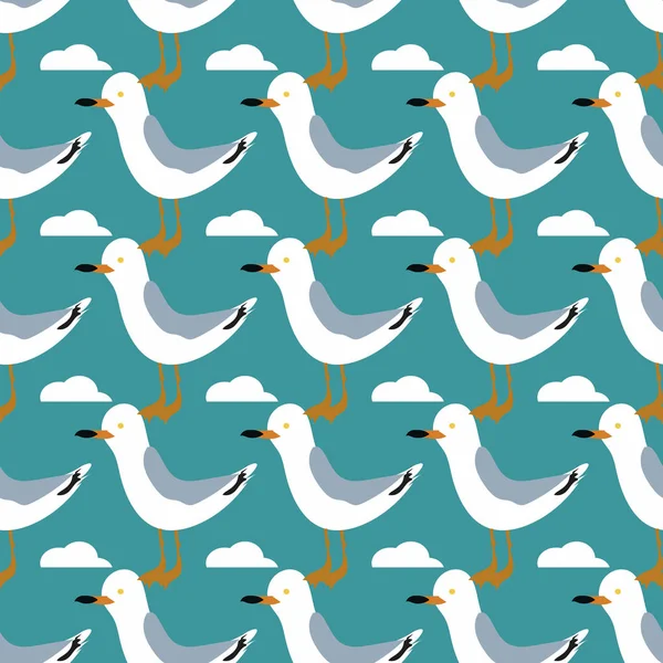 Vector hermoso patrón con gaviotas. Sea Gull, un hermoso pájaro. Lindo pájaro en estilo de dibujos animados. Patrón sin costura del mar . — Vector de stock