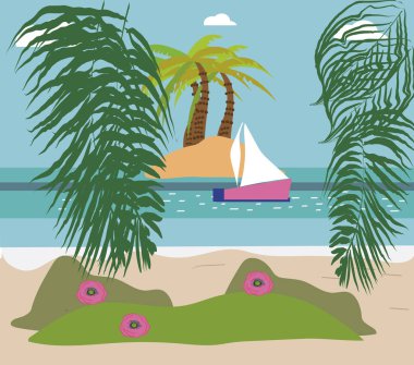 Tropikal beach palm ile. çiçek, tekne, ada, egzotik