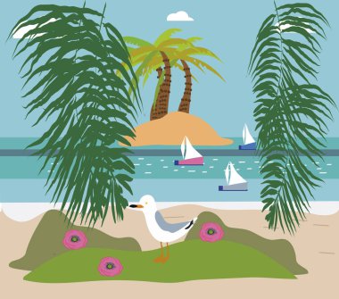 Yaz arka plan, martılar ile retro tarzı posterdeki. Vektör düz elle çizilmiş