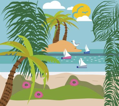 Yaz arka plan, martılar ile retro tarzı posterdeki. Vektör düz elle çizilmiş