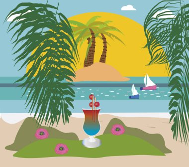 Palmiyeli ve egzotik kuyruklu Okyanus Sahili