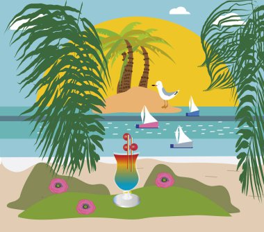 Palmiyeli ve egzotik kuyruklu Okyanus Sahili