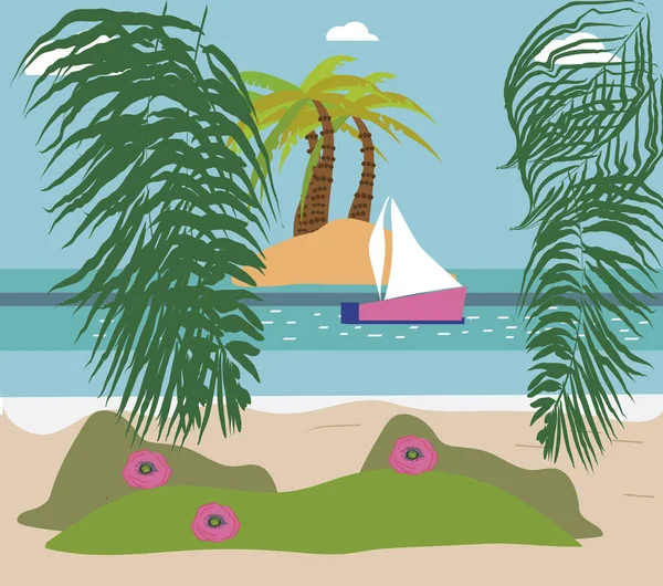 Tropikal beach palm ile. çiçek, tekne, ada, egzotik