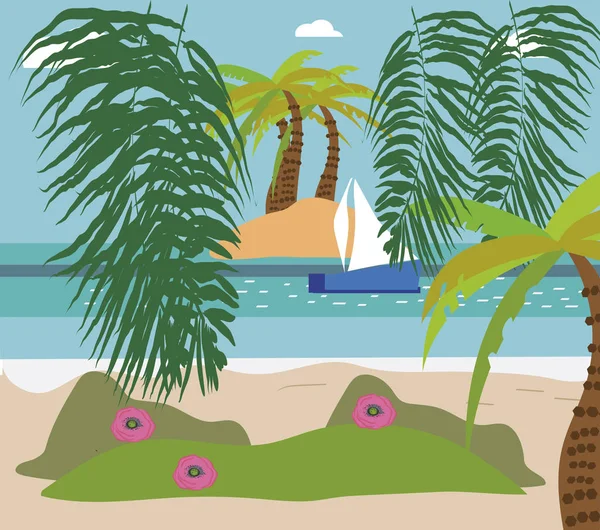 Tropikal beach palm ile. çiçek, tekne, ada, egzotik