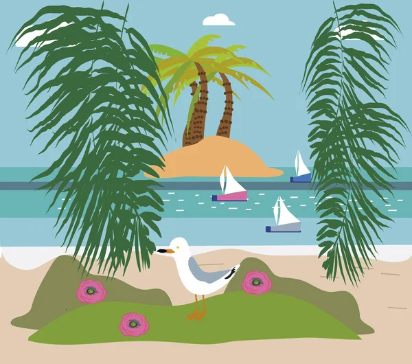 Yaz arka plan, martılar ile retro tarzı posterdeki. Vektör düz elle çizilmiş