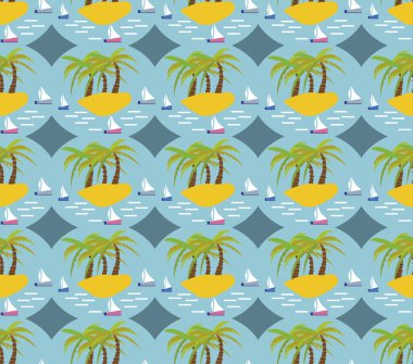 Güzel sorunsuz ada desen tekneler ile. Manzara palmiye ağaçları ile plaj ve okyanus vektör el çizili stil.