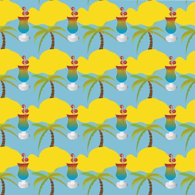 Fantastik yaz Cennet Adası. Kokteyl, düz vektör çizim desen.