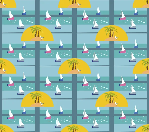 Hermoso patrón de isla sin costura con barcos. Paisaje con palmeras, playa y vector oceánico estilo dibujado a mano . — Vector de stock