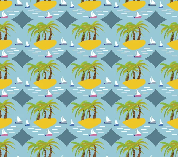 Hermoso patrón de isla sin costura con barcos. Paisaje con palmeras, playa y vector oceánico estilo dibujado a mano . — Vector de stock