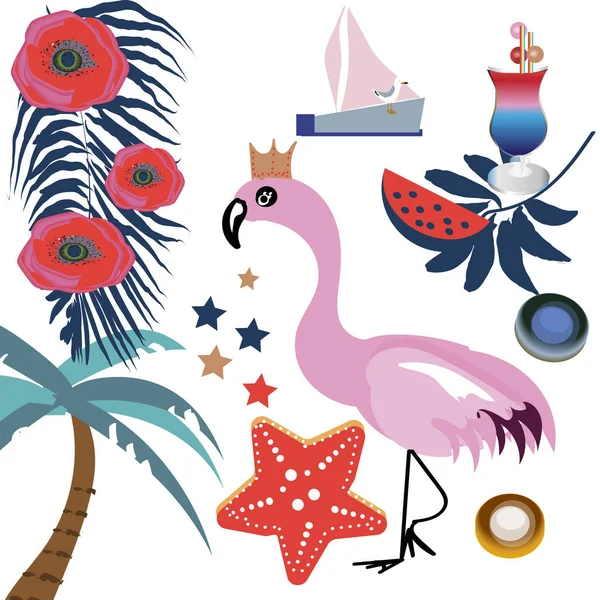 Conjunto de vectores tropicales con flamencos rosados, hojas de palma y flores. Hojas de la selva y sandía, verde palmera exótica, ilustración con srar de mar — Vector de stock