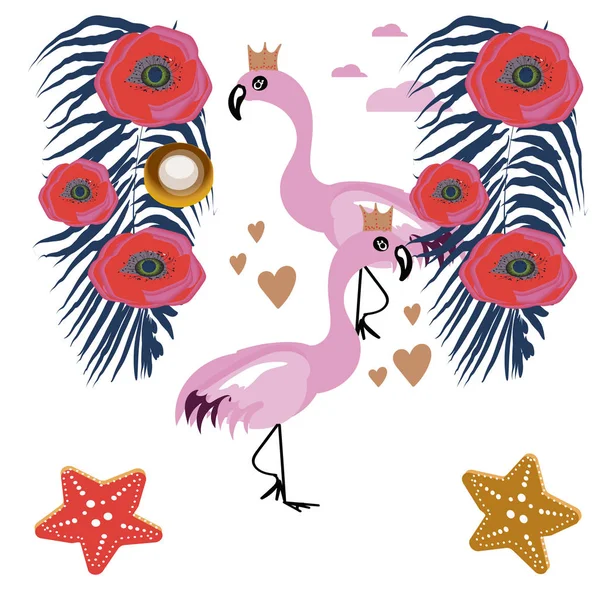Modelo tropical exótico com folhas de palmeira da selva verde-turquesa monstera e pássaros flamingo rosa. .. Ilustração do desenho do vetor . —  Vetores de Stock