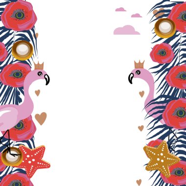 Tropikal egzotik kenarlık çerçeve şablonu parlak yeşil orman palmiye ağacı monstera yaprakları ve pembe flamingo kuşları çift. Yatay yatay yönlendirmeli. Orta metni için bir yer.