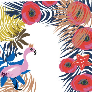 Tropikal egzotik kenarlık çerçeve şablonu parlak yeşil orman palmiye ağacı monstera yaprakları ve pembe flamingo kuşları çift. Yatay yatay yönlendirmeli. Orta metni için bir yer.