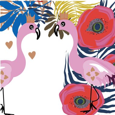 Tropikal egzotik kenarlık çerçeve şablonu parlak yeşil orman palmiye ağacı monstera yaprakları ve pembe flamingo kuşları çift. Yatay yatay yönlendirmeli. Orta metni için bir yer.