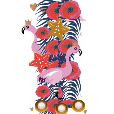 Tropikal egzotik kenarlık çerçeve şablonu parlak yeşil orman palmiye ağacı monstera yaprakları ve pembe flamingo kuşları çift. Yatay yatay yönlendirmeli. Orta metni için bir yer.