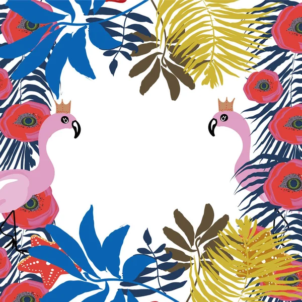 Yaz parti olay poster kartı şablonu. Egzotik flamingo kuşları çift taç giyen. Tropikal monstera yeşil alt çerçeve dekorasyon bırakır. Altın Konfeti yağmuru. Beyaz pembe çizgili arka plan.
