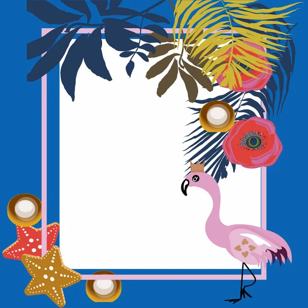 Flor Tropical y Flamenco Banner de Verano, Fondo Gráfico, Invitación Floral Exótica, Flyer o Tarjeta. Portada moderna en Vector — Vector de stock