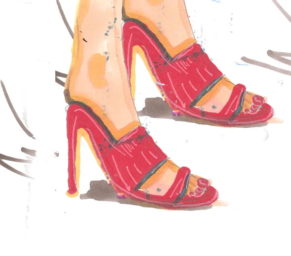 女性医院赤いハイヒールの靴、マーカー、ファッションによってスケッチします。 — ストック写真