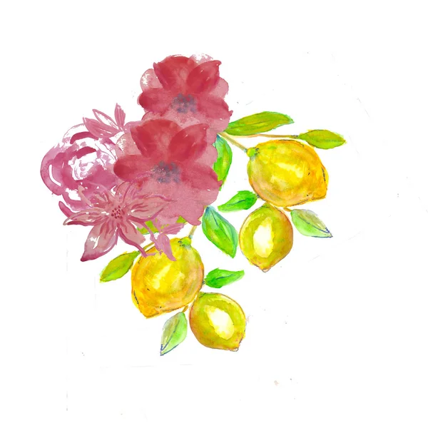 Υποκατάστημα του το λεμόνι νωπών εσπεριδοειδών με πράσινα φύλλα και λουλούδια. Χέρι Ζωγραφική με νερομπογιές σε λευκό φόντο. — Φωτογραφία Αρχείου