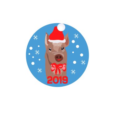 Noel poster görüntüsü Santa s şapkalı bir domuz portre ile ve kırmızı yay ile. Vektör çizim.