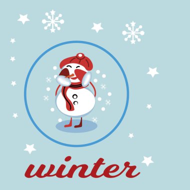 Üzerinde mavi arka plan izole Noel kardan adam. Vektör çizim. Çizilmiş karakter, kış kart el