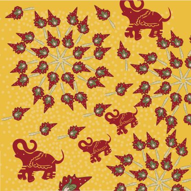 Vektör soyut sınır, sarı bir arka plan üzerinde baskı. Çiçek desenli kırmızı elle çizilmiş çiçekler, fantezi yaprakları ve masal hayvan, süslü cute.wallpaper