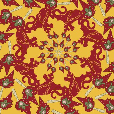 Vektör soyut sınır, sarı bir arka plan üzerinde baskı. Çiçek desenli kırmızı elle çizilmiş çiçekler, fantezi yaprakları ve masal hayvan, süslü cute.wallpaper