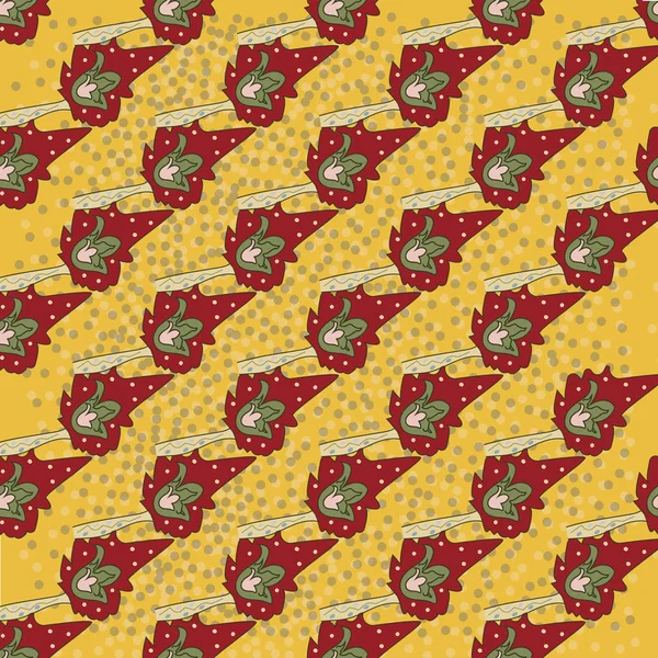 Borde abstracto vectorial, impresión sobre fondo amarillo. Patrón floral de flores rojas dibujadas a mano, hojas de fantasía y animales de cuento de hadas, adornado cute.wallpaper — Vector de stock