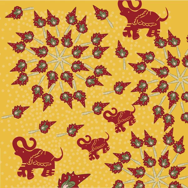 Vektör soyut sınır, sarı bir arka plan üzerinde baskı. Çiçek desenli kırmızı elle çizilmiş çiçekler, fantezi yaprakları ve masal hayvan, süslü cute.wallpaper