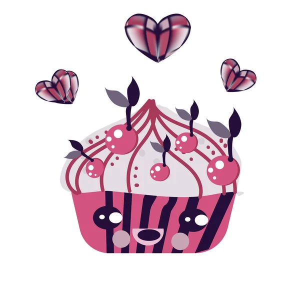 Conjunto de lindos iconos dulces en estilo kawaii con cara sonriente y mejillas rosadas para un diseño dulce. Donuts, dulces, gorra para ilustración de alimentos — Archivo Imágenes Vectoriales