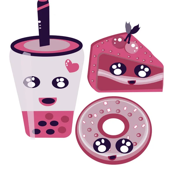 Conjunto de lindos iconos dulces en estilo kawaii con cara sonriente y mejillas rosadas para un diseño dulce. Donuts, dulces, gorra para ilustración de alimentos — Archivo Imágenes Vectoriales