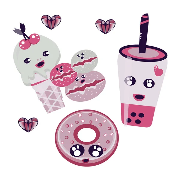 Conjunto de lindos iconos dulces en estilo kawaii con cara sonriente y mejillas rosadas para un diseño dulce. Donuts, dulces, gorra para ilustración de alimentos — Archivo Imágenes Vectoriales
