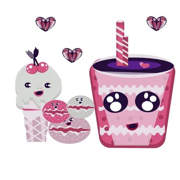 Conjunto de ícones doces bonitos em estilo kawaii com rosto sorridente e bochechas rosa para design doce. Donuts, doces, boné para ilustração de alimentos —  Vetores de Stock