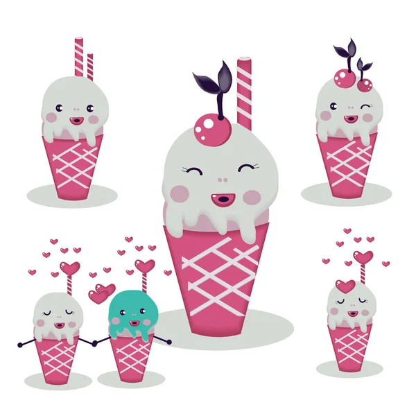 Roztomilá ručně kreslenou zmrzlina. Zmrzliny kreslené postavičky, co Fun happy čmáranice pro děti. Kawaii — Stockový vektor