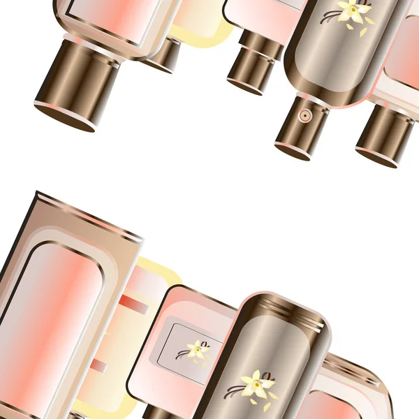 Realistisches Parfüm und duftende Toilettenwasserflaschen Vektor-Set, rosa Farben mit Gold — Stockvektor
