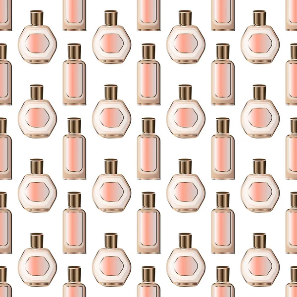 Realistische parfum en geurende toilet waterflessen vector set, rose roze kleuren met goud — Stockvector