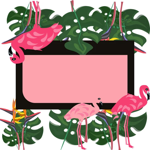 Flamant rose et fleur d'hibiscus. Tropical Summer. Feuilles de palmier, plantes, cadre rectangulaire. Texte. La jungle de l'origami. Floraison printanière . — Image vectorielle