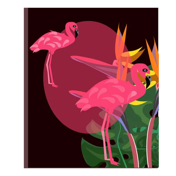 Flamant rose et fleur de strelitzia. Tropical Summer. Feuilles de palmier, plantes, Oiseau de paradis. Cadre rectangulaire. Texte . — Image vectorielle