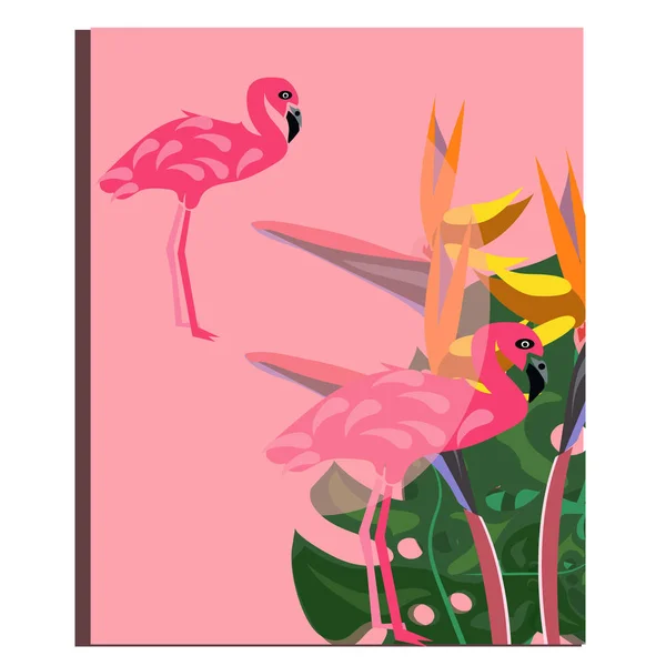 Flamant rose et fleur de strelitzia. Tropical Summer. Feuilles de palmier, plantes, Oiseau de paradis. Cadre rectangulaire. Texte . — Image vectorielle