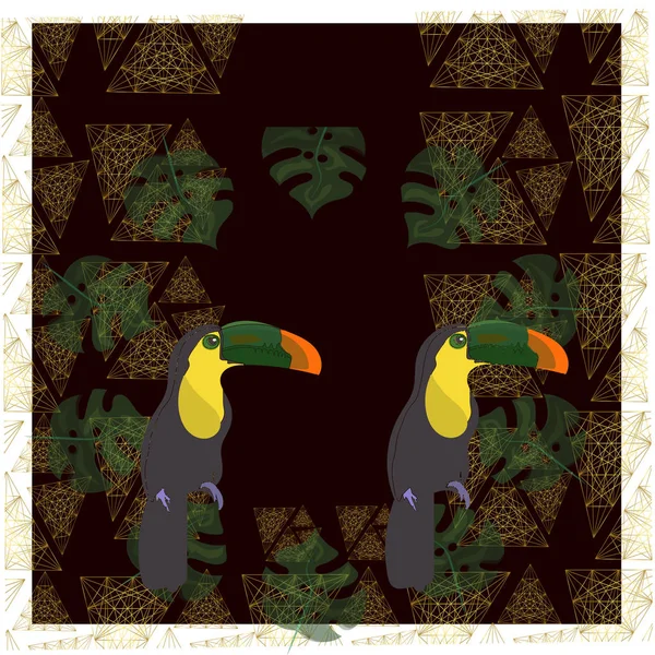 Toucan avec des fleurs tropicales et laisser fond, carte, strelitzia — Image vectorielle