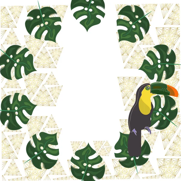 Tucán con flor tropical y dejar fondo, tarjeta, strelitzia — Vector de stock