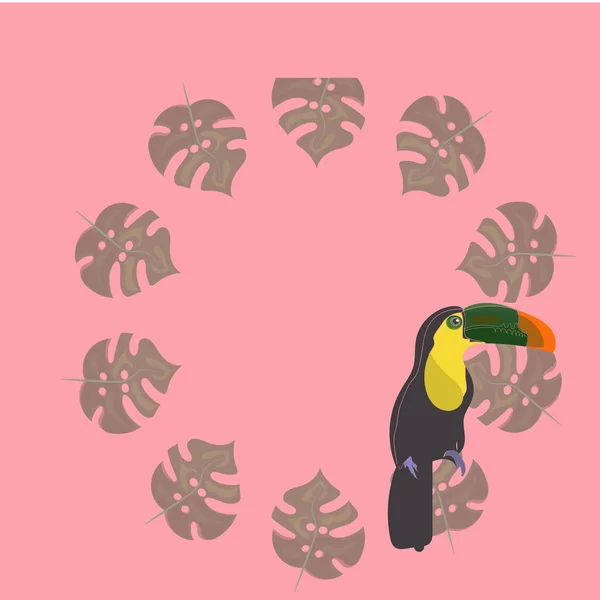 Tukan mit tropischer Blume und Blätter Hintergrund, Karte, Strelitzia — Stockvektor