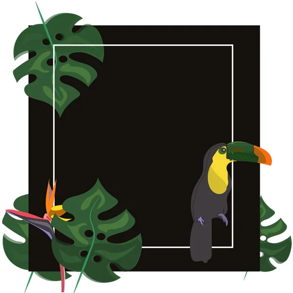 Toucan avec des fleurs tropicales et laisser fond, carte, strelitzia — Image vectorielle