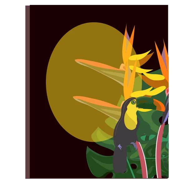 Toucan met tropische bloem en laat achtergrond, kaart, Strelitzia — Stockvector