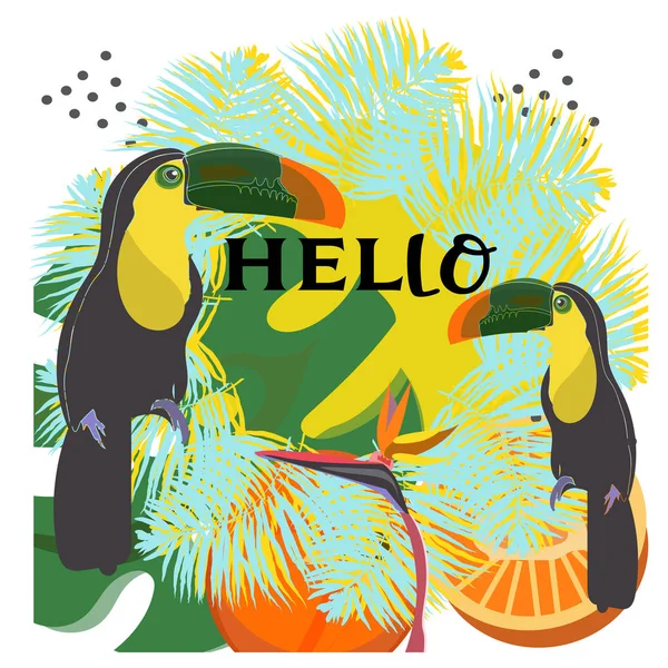 Arreglo tropical de verano con tucán, hojas de palma y flores exóticas. Ilustración vectorial . — Vector de stock