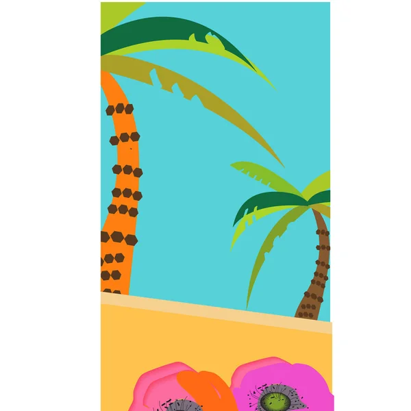 Fondos tropicales de verano con palmeras, cielo y puesta de sol. Tarjeta de invitación del cartel del cartel de verano. Verano. . — Vector de stock