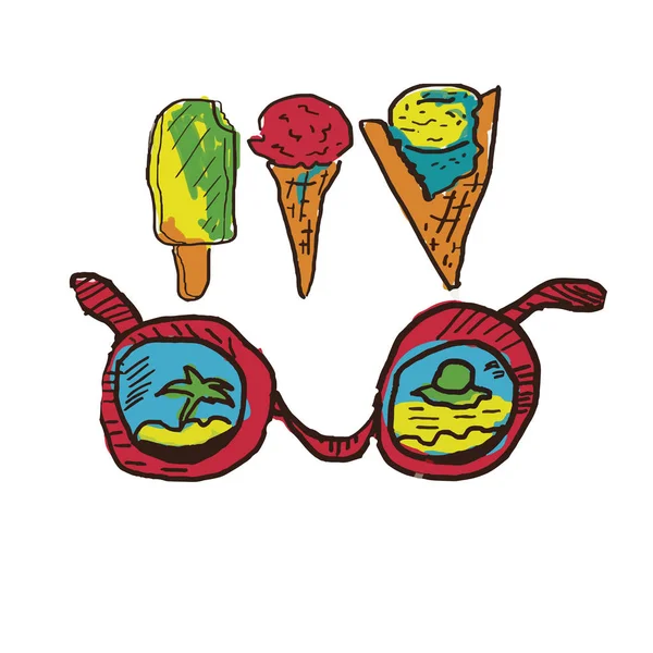 Vektorový barevný ilustratiion zmrzliny s brýlemi na pozadí. Koncepce letního času. výtvarně nakreslený design zmrzlinové zmrzliny pro karty, plakát — Stockový vektor