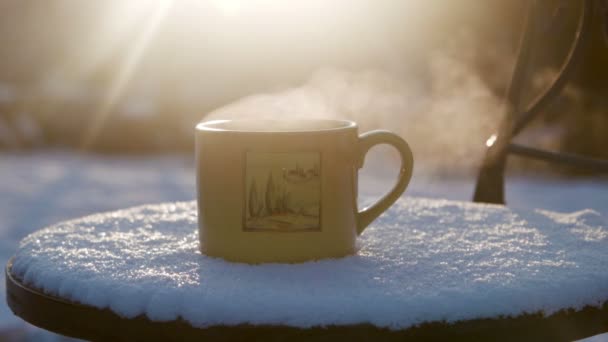 Чашка Горячим Чаем Против Солнца Зимой — стоковое видео